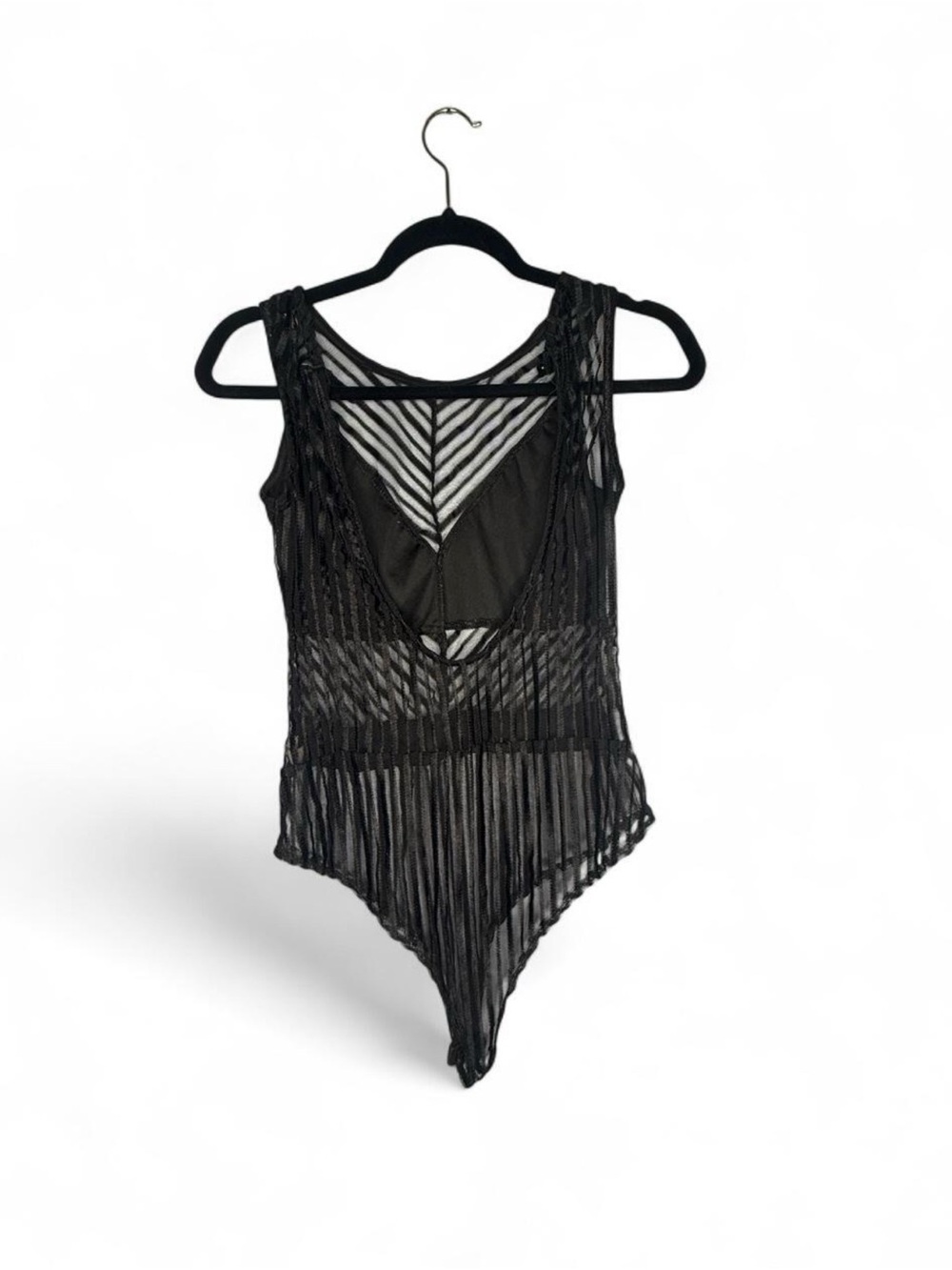Women’s Black Sheer Stripe Lingerie bodysuit. Bottom closure. Size Large. - Picture 4 of 7